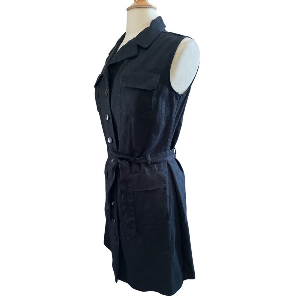 Vintage Thalian Black Linen button up Sleeveless Dress w/pockets & belt Size 8 - Picture 5 of 15